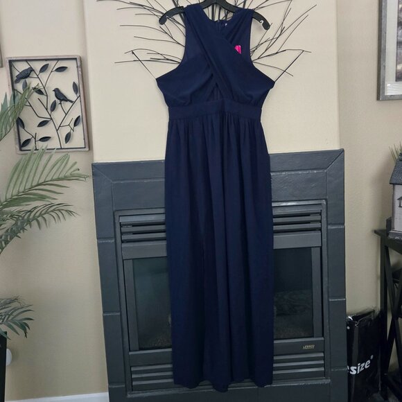 NWT Pink Boutique sz 14 criss cross front with cut out belly blue maxi gown - Picture 1 of 5